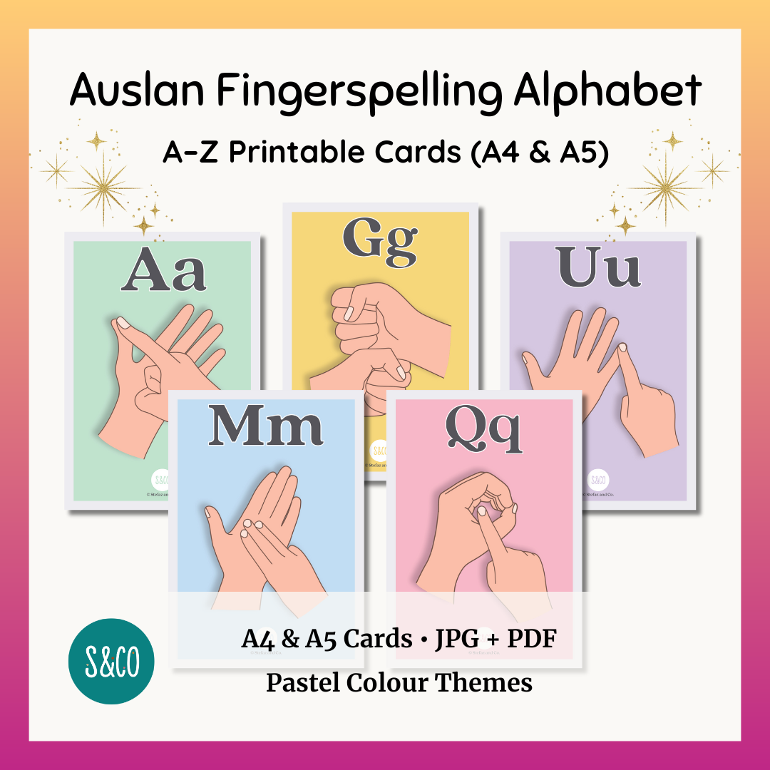Auslan Fingerspelling Alphabet Printable Cards | A4 & A5 | Pastel Colours