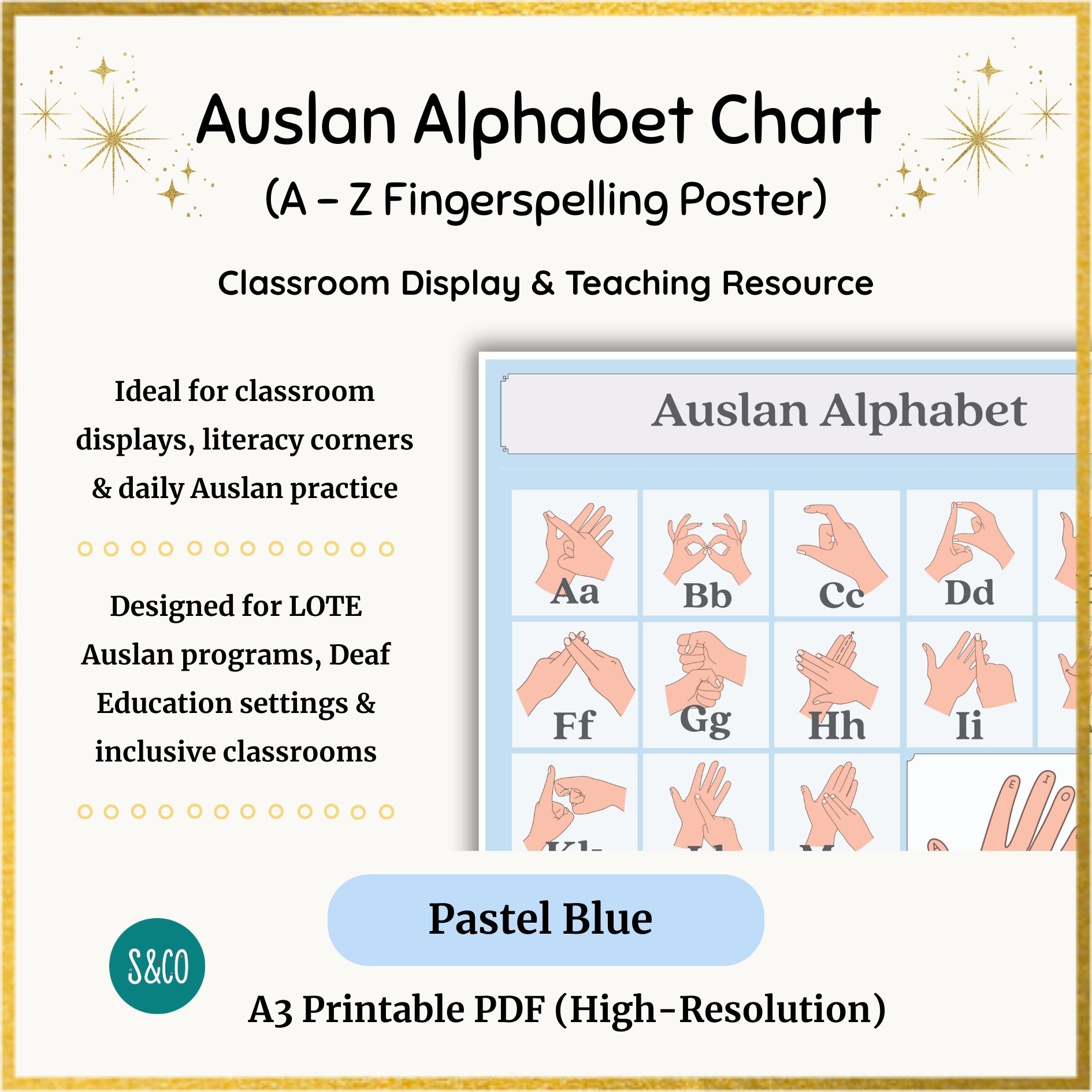 Auslan Alphabet Poster Printable (A3) | Pastel Blue