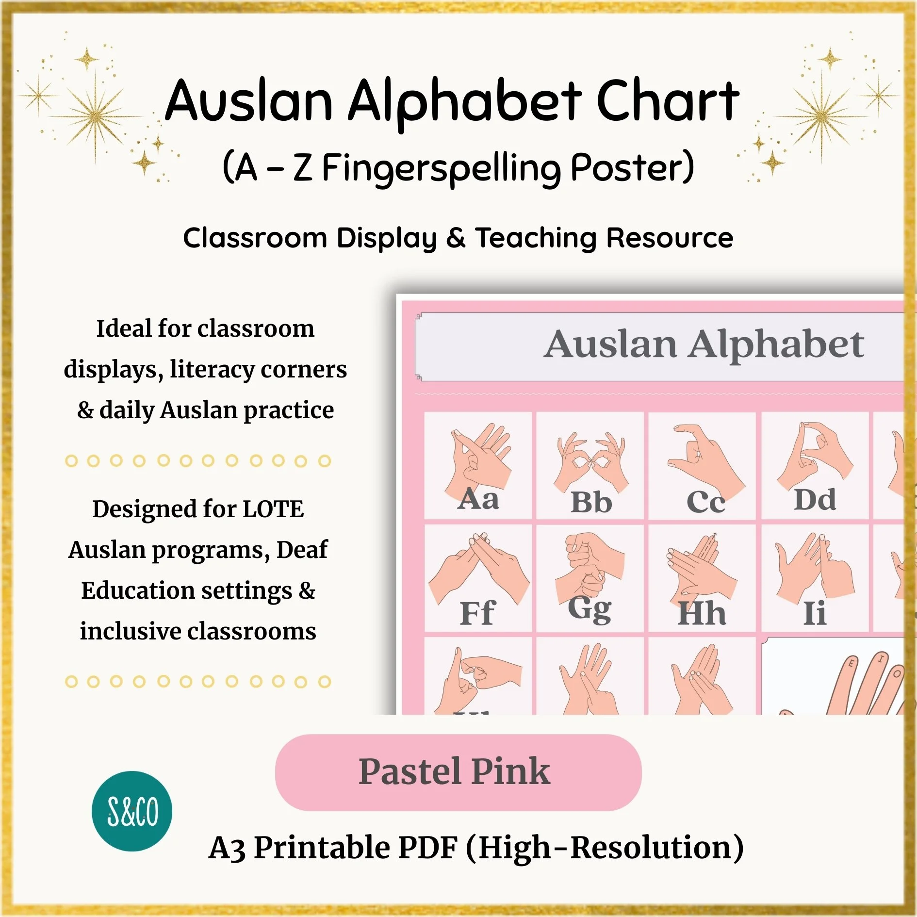 Auslan Alphabet Poster Printable (A3) | Pastel Pink