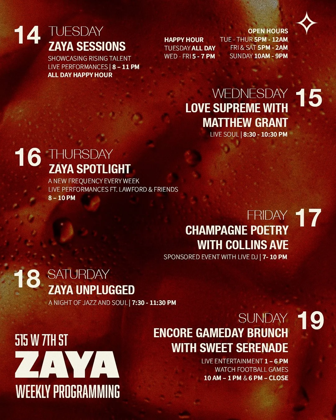 What’s happening this week at Zaya 🌹
Daily Happy Hour from 5–7p
Tuesday — Zaya Sessions | 8–11p
Showcasing rising talent with @jasmine_sweets
(All Day Happy Hour)
Wednesday — Love Supreme with @iammatthewgrant | 8:30&