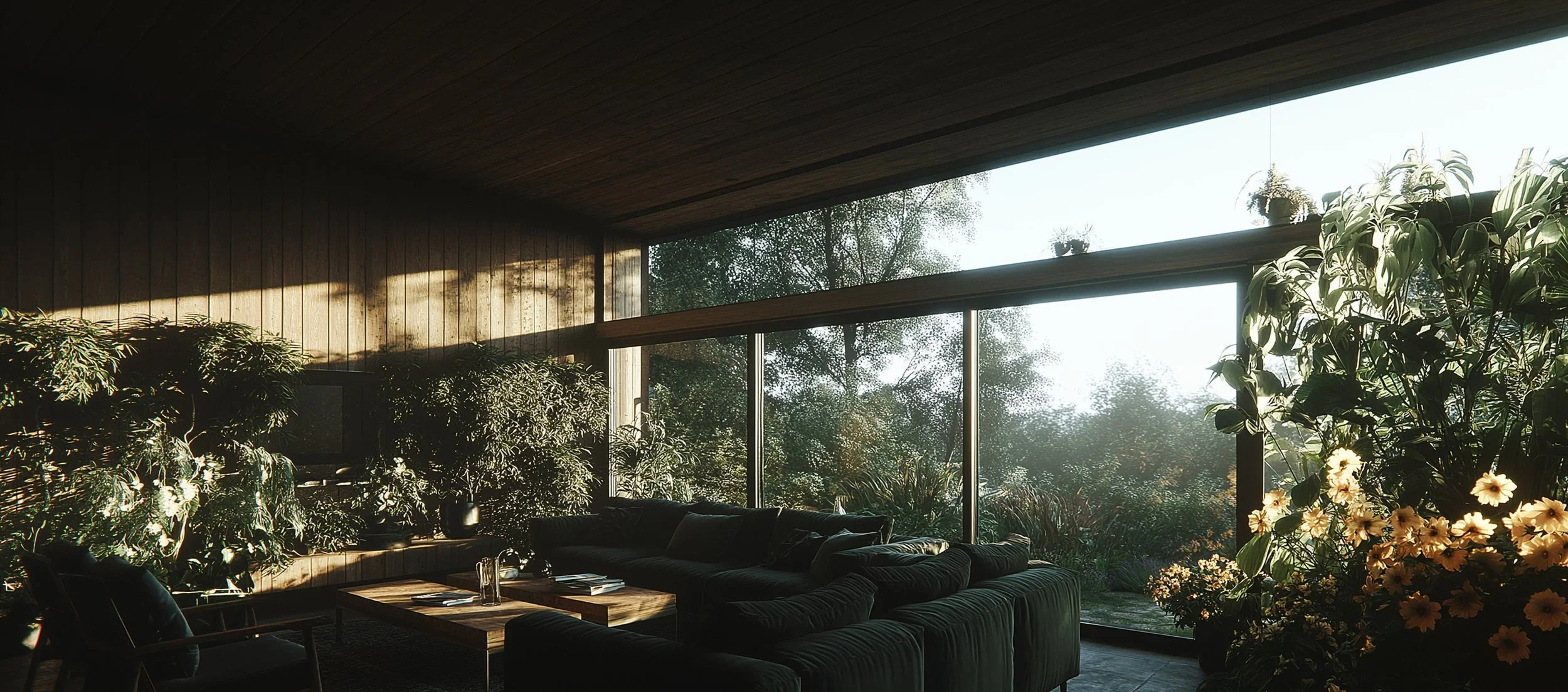 A modern living room with large floor-to-ceiling windows, abundant indoor plants, a black sectional sofa, and a wooden coffee table decorated with books and a water carafe. Sunlight streams in, illuminating the wooden walls and ceiling, and providing a view of lush outdoor greenery.