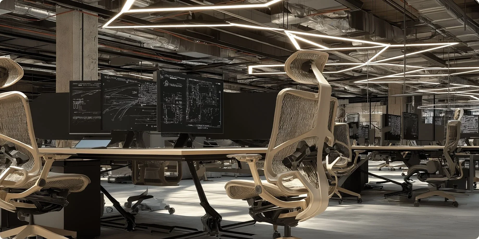 Modern office with multiple workstations, computer monitors, ergonomic chairs, glass walls, and exposed ceiling with lighting and ductwork