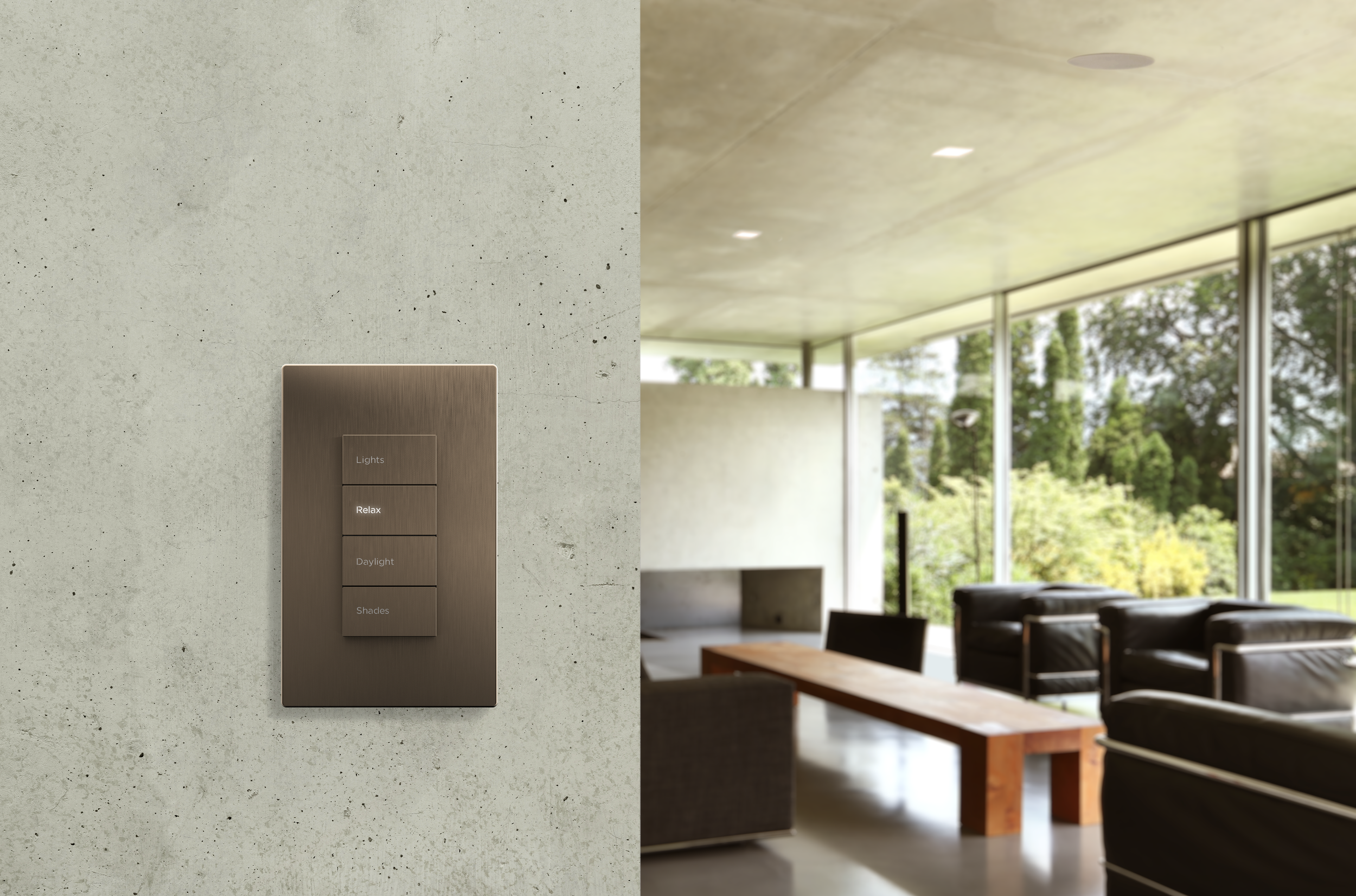 A modern wall-mounted control panel with four labeled options: Lights, Relax, Daylight, Shades