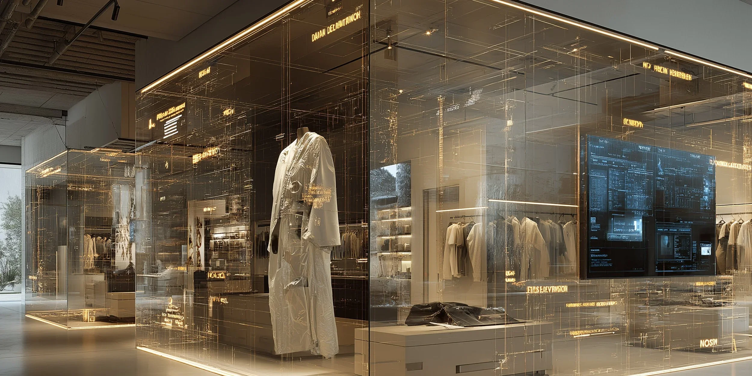 A modern retail clothing store with glass walls and shelves displaying clothes