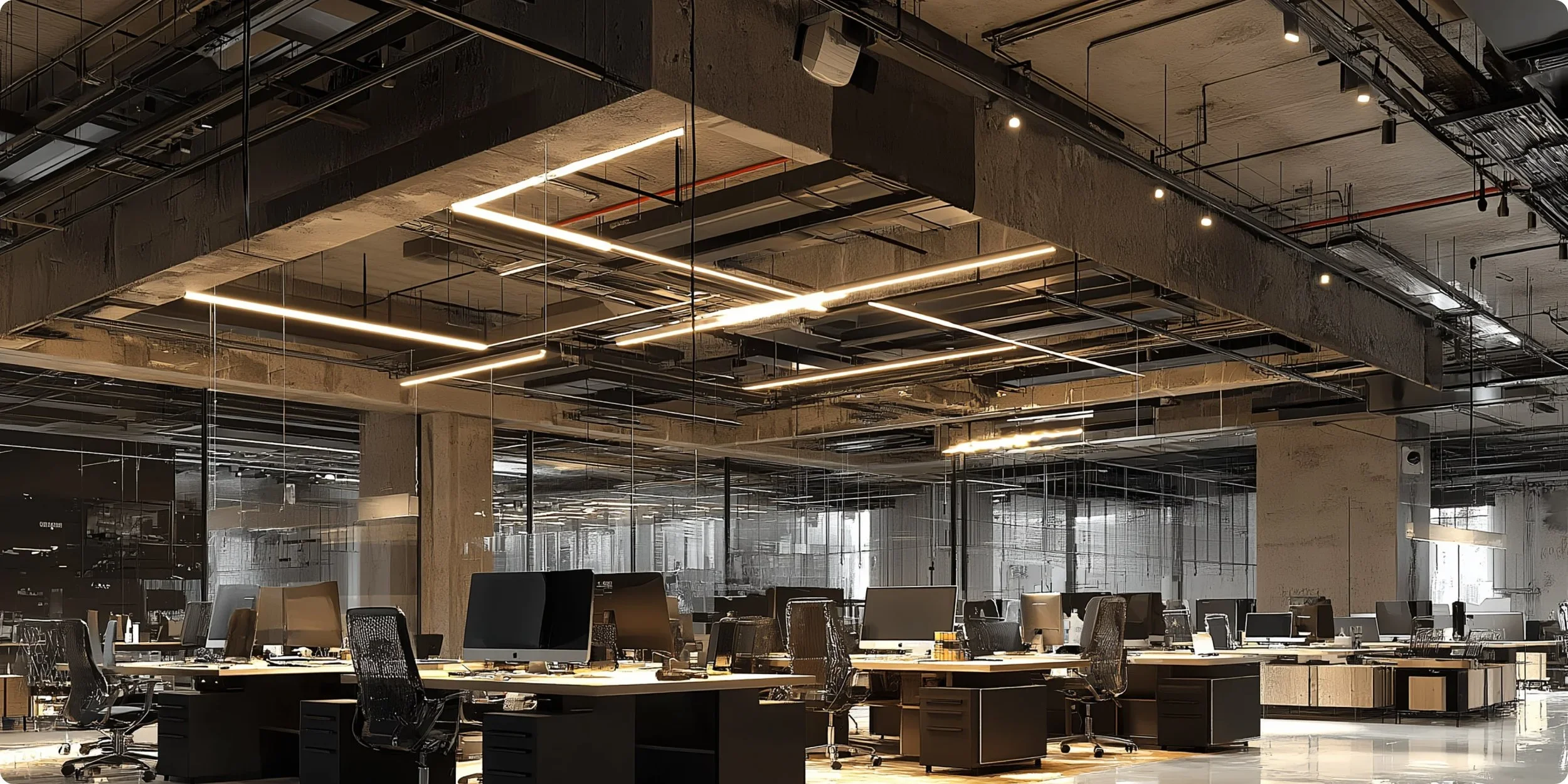 Modern office with multiple workstations, computer monitors, ergonomic chairs, glass walls, and exposed ceiling with lighting and ductwork