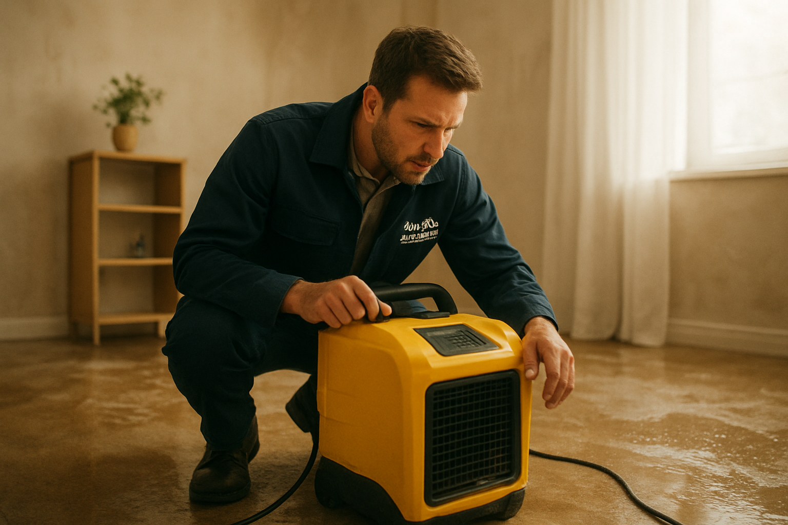 Mann benutzt einen ungelochten Heizlüfter in einem leeren Raum.