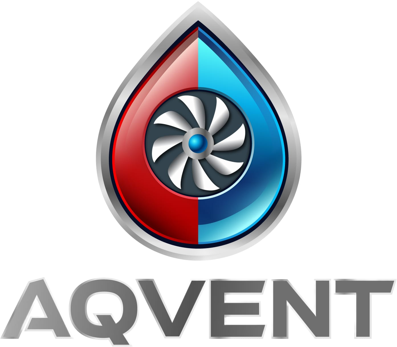 Logo mit einer Wassertropfenform, geteilt in rote und blaue Hälften, mit einem Lüfter im Inneren und dem Text "AQVENT" darunter.