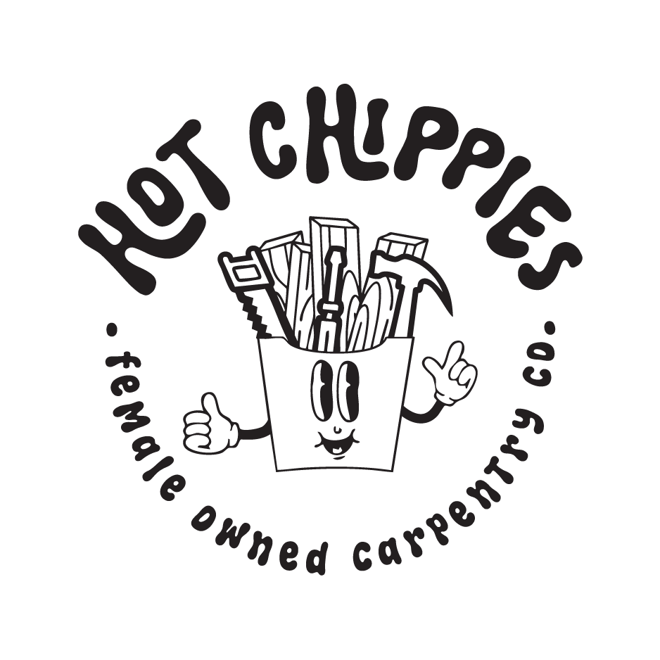 Logo for Hot Chippies Carpentry Company featuring a cartoon french fry container with a smiling face, arms, and hands giving a thumbs-up, surrounded by the text 'HOT CHIPPIES' and 'female owned carpentry co.'