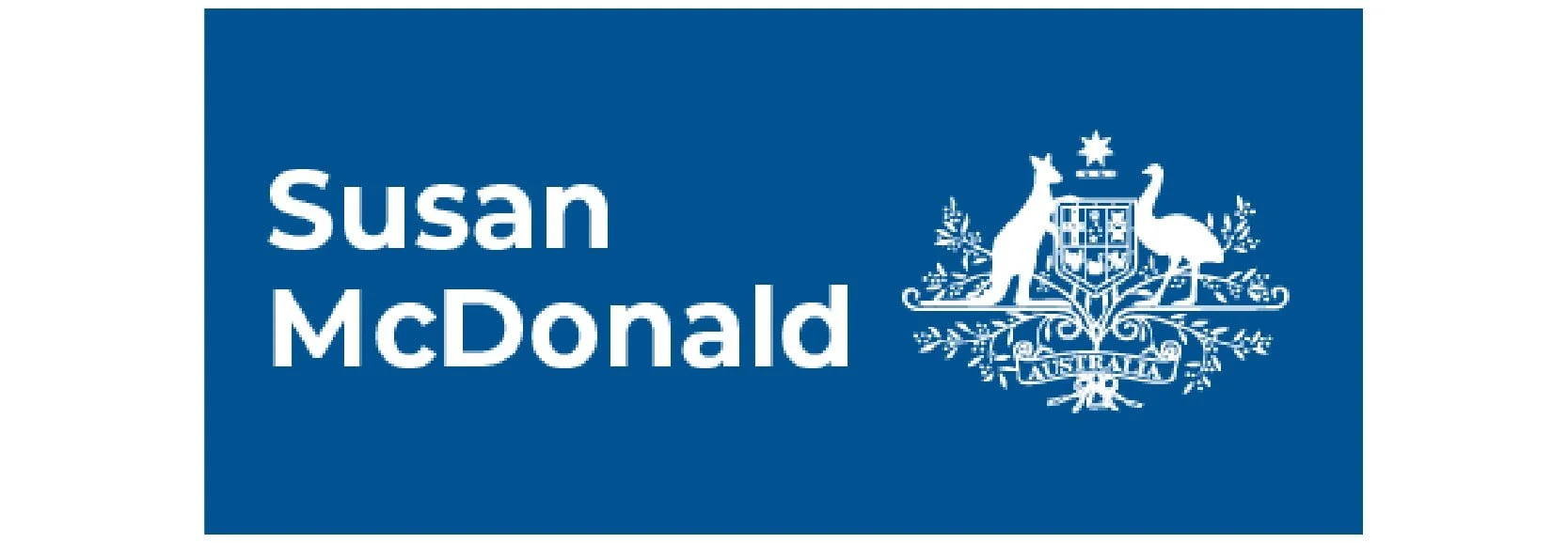 The Nipper Store Website: Blue background with white text reading 'Susan McDonald' and a coat of arms featuring a kangaroo, emu, shield, and Australian symbols.