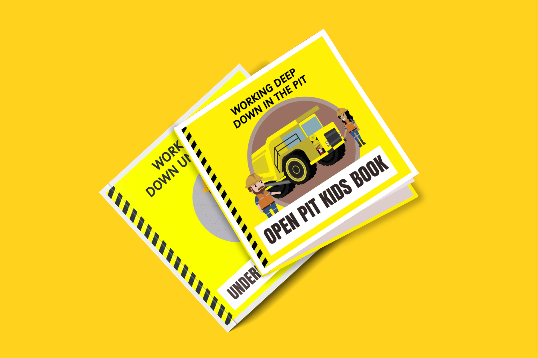 Two children's books titled "Open Pit Kids Book" with a yellow theme, showing cartoon illustrations of a large dump truck and two children, one boy and one girl, in construction worker outfits, against a yellow background.