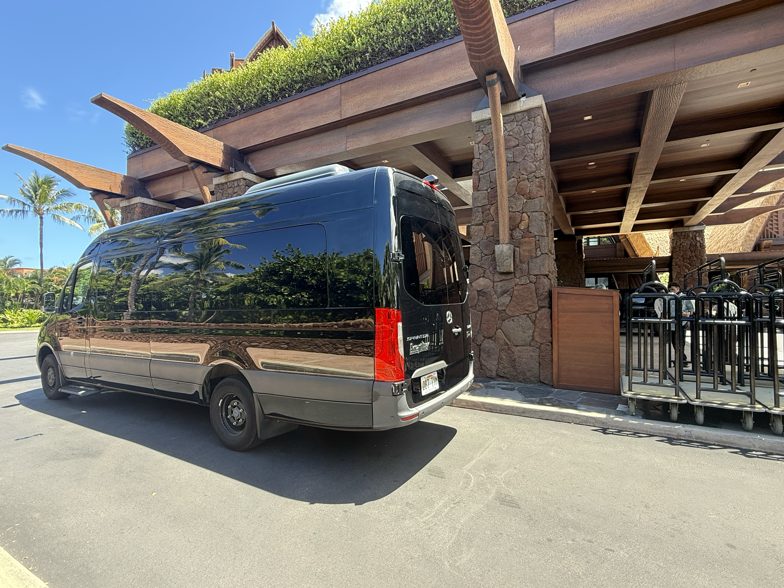A black van parked in front of a building with stone pillars and wooden beams under a blue sky with palm trees in the background.