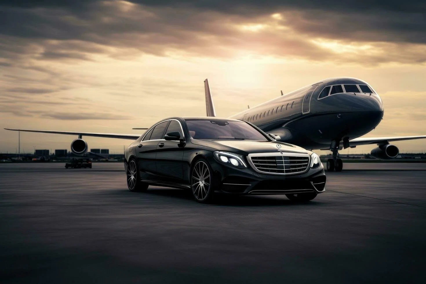 A black luxury car parked on an airport runway with a large commercial airplane in the background during sunset.
