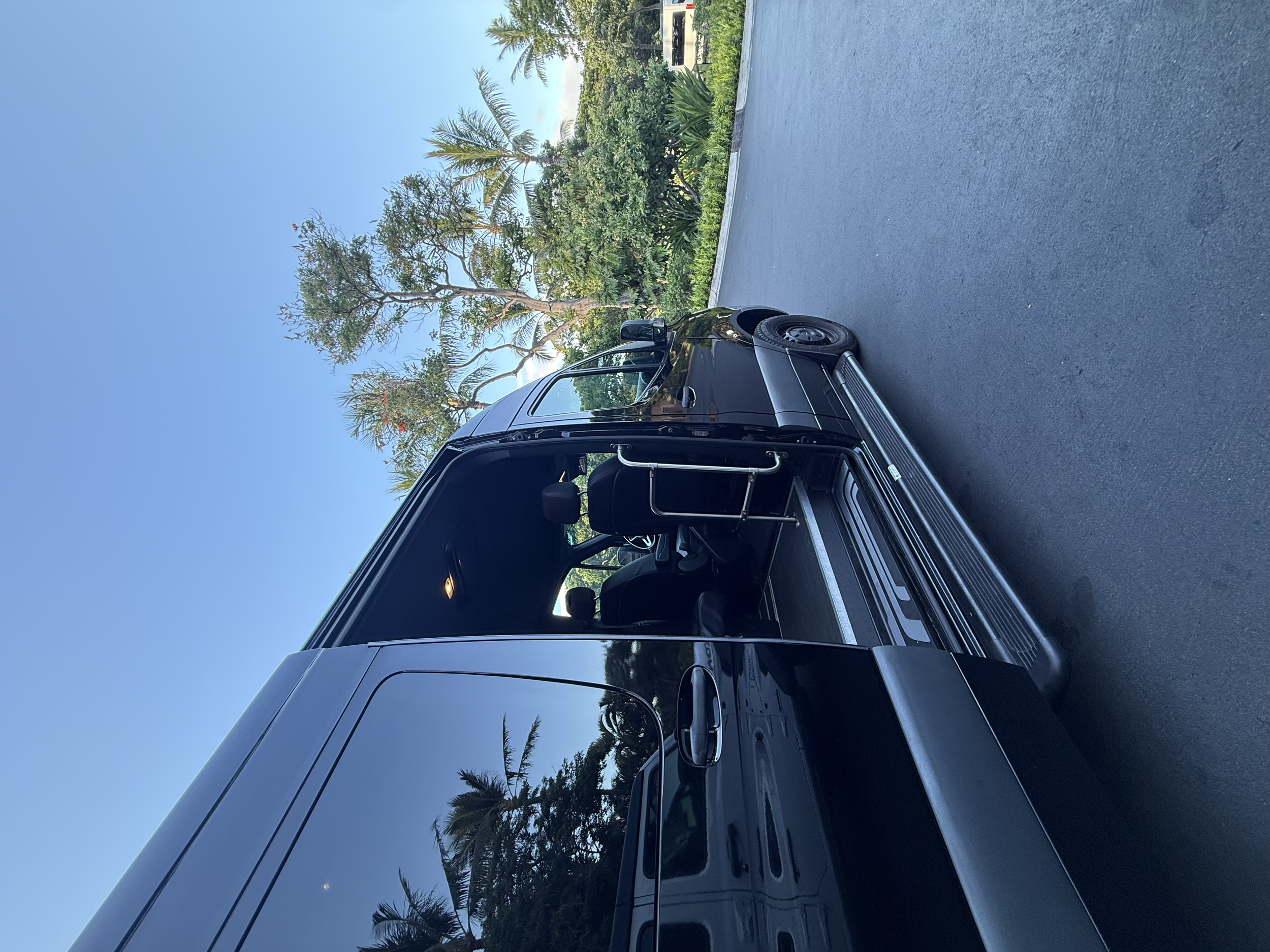 A black luxury SUV parked on a paved road next to lush greenery and tall palm trees. The sky is clear and blue.