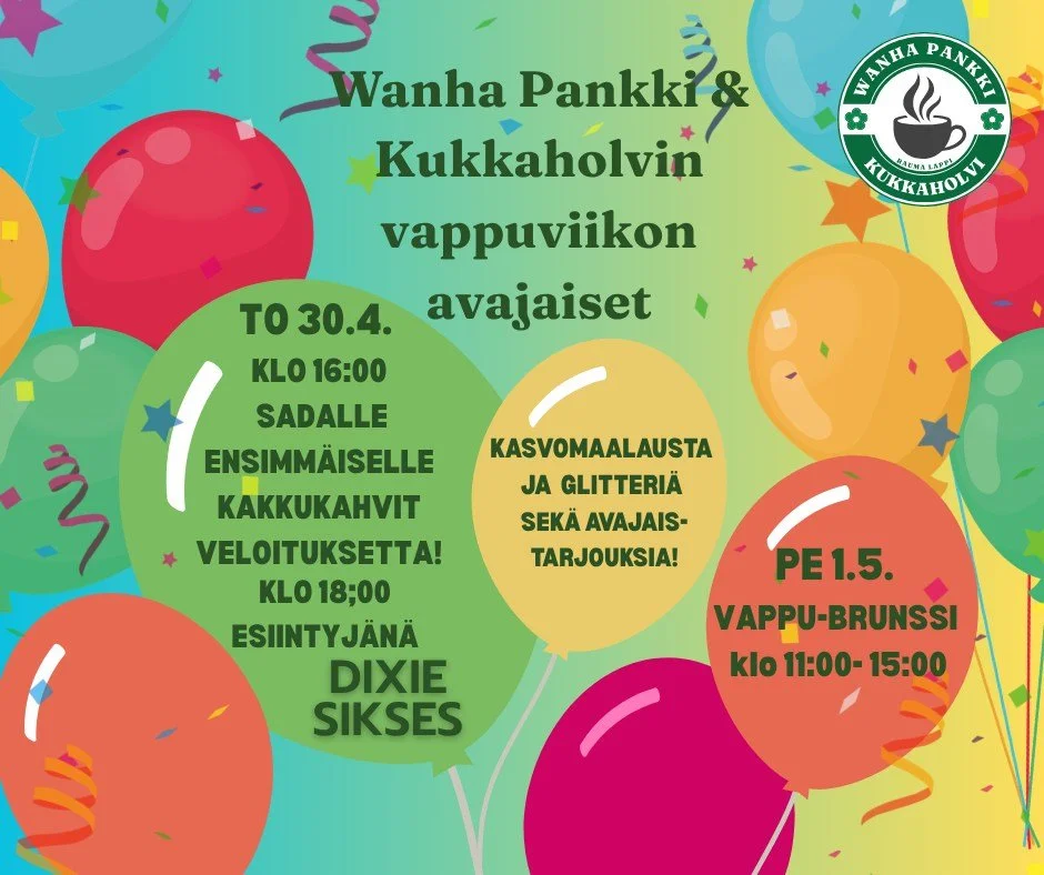 Kirjavia ilmapalloja Wanhan Pankin avajaismainoksessa.mainoksessa