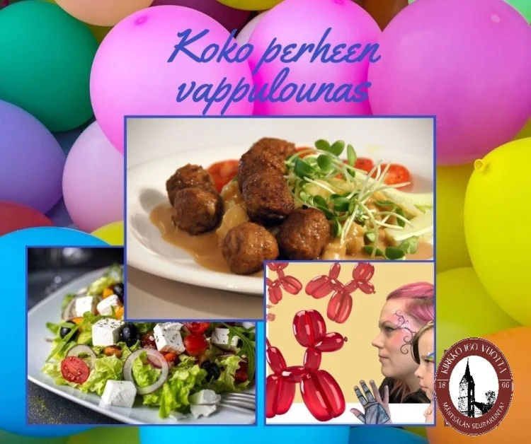 Seurakunnan vappulounasmainos: Ilmapalloja, ilmapallohahmoja, lihapullia ja salaattia.