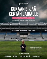FC Lahti hyväntekeävisyystapahtuman mainos, jossa lapsi istuu kentän laidalla eikä pääse mukaan.
