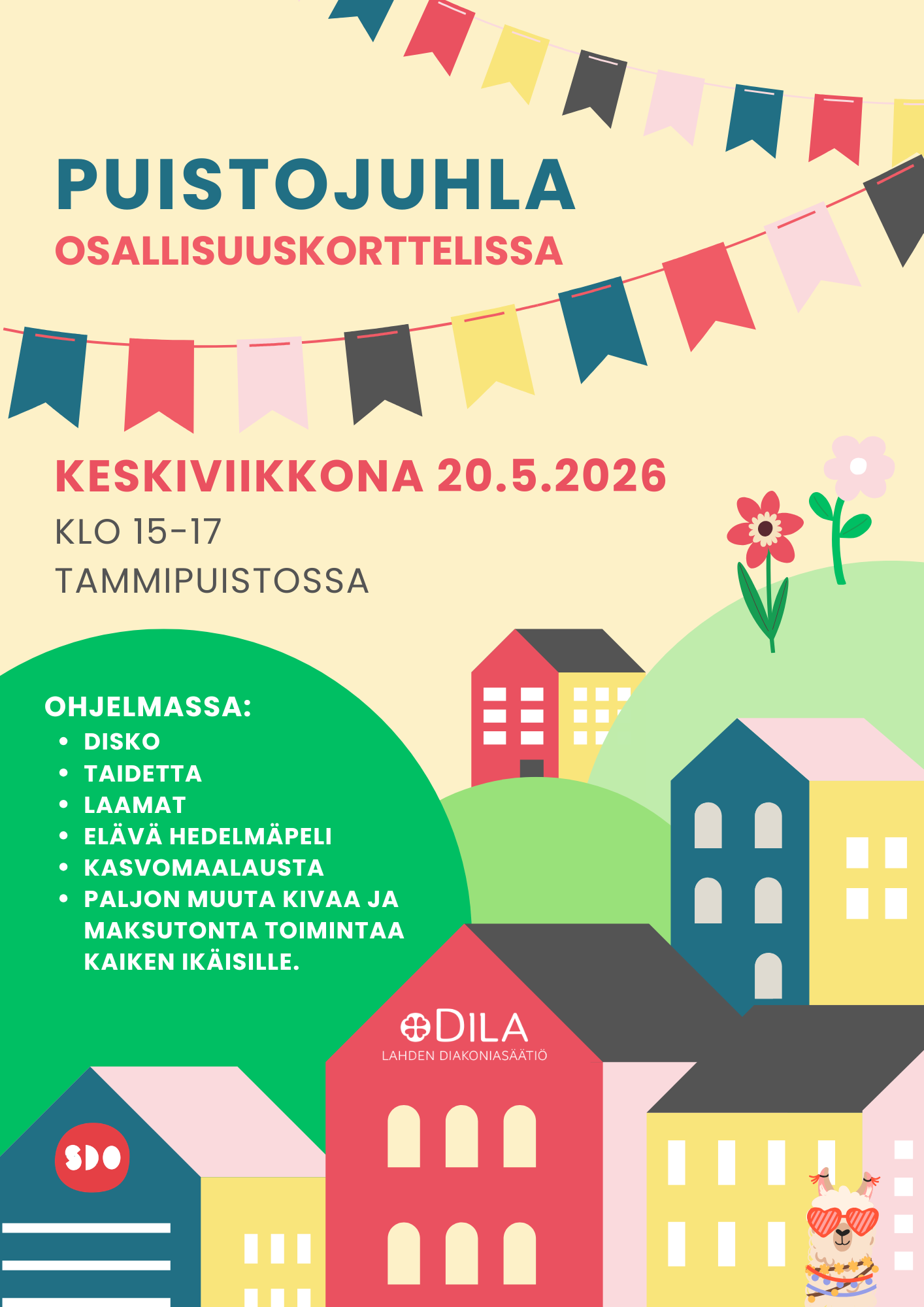 Mainoksessa värikkäitä yksinkeirtaisia kerrostaloja ja juhlaviirejä.