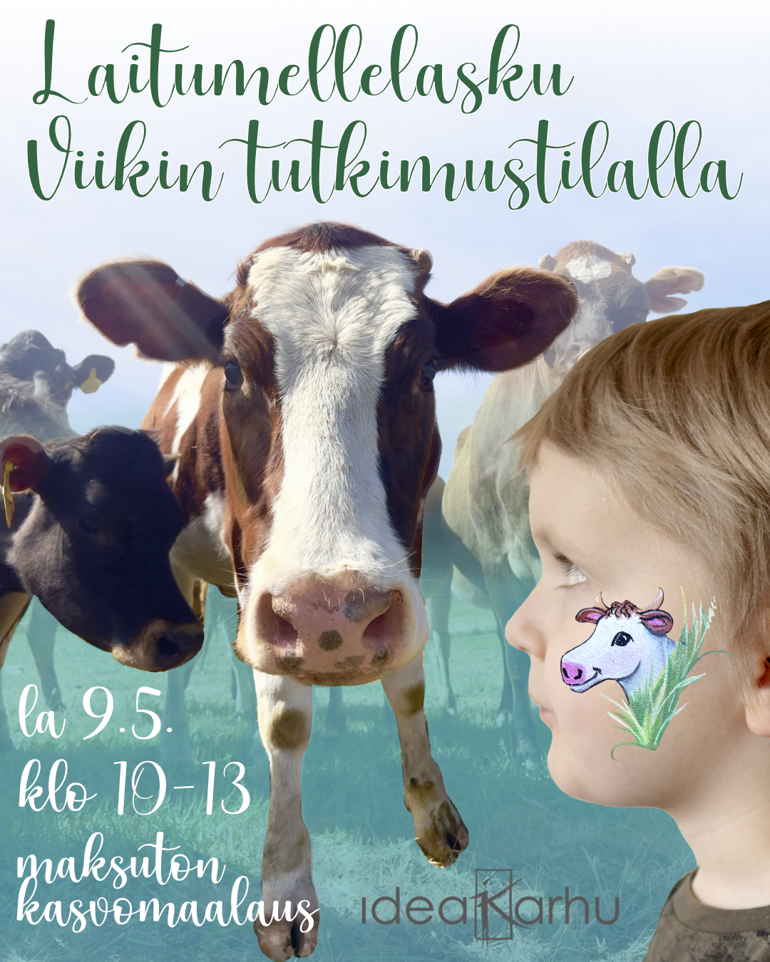 Lehmien kevätlaitumillelaskun kuvituskuvassa näkyy sininen taivas ja pilviä, sekä lehmä joka kurkistaa.