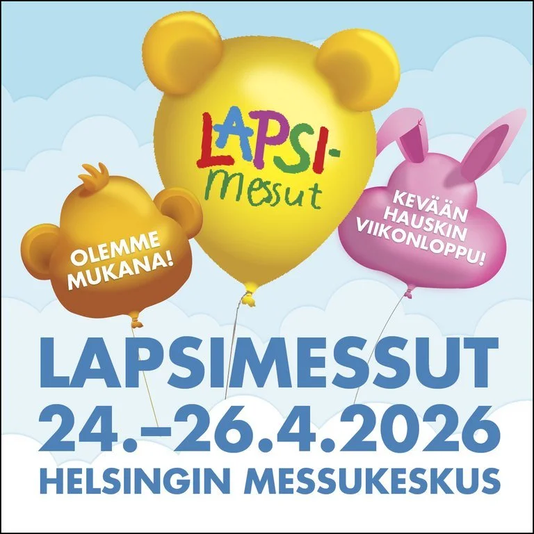 Lapsimessut Helsingin messukeskusksessa, mainoskuvassa eläinhahmoisia ilmapalloja.