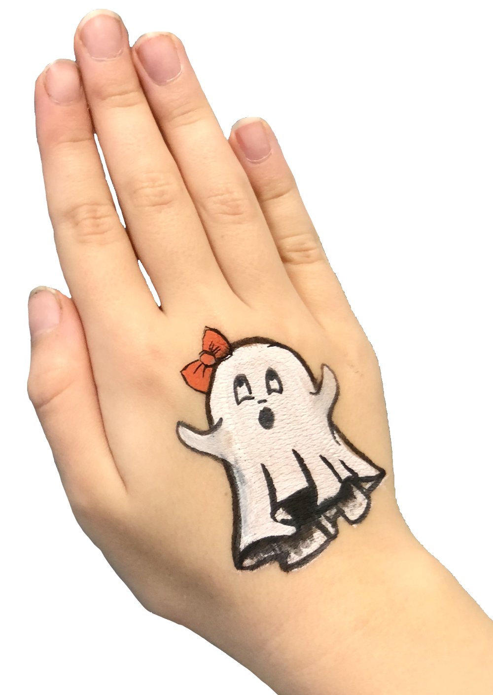 Halloween kasvomaalaus, kädelle maalattu haamu, jolla on punainen rusetti päässä.