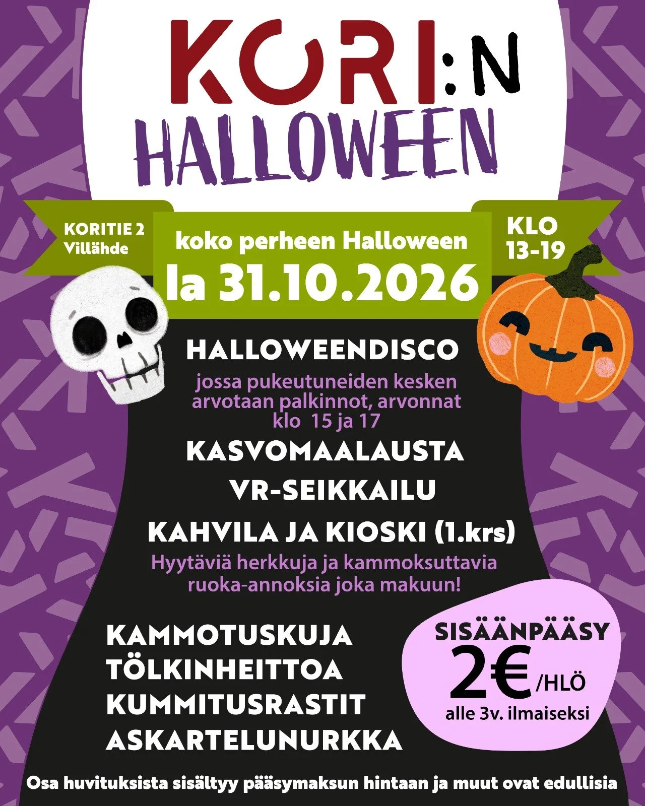 Korin Halloween-mainos, jossa piirretty kallo ja kurpitsa.