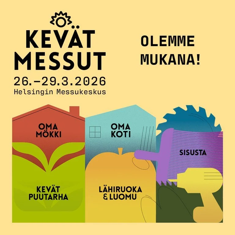 Kevätmessujen mainos keltaisella taustalla, jossa värikkäillä perusmuodoilla taloja, kasvi, omena pora ja sirkkelinterä.