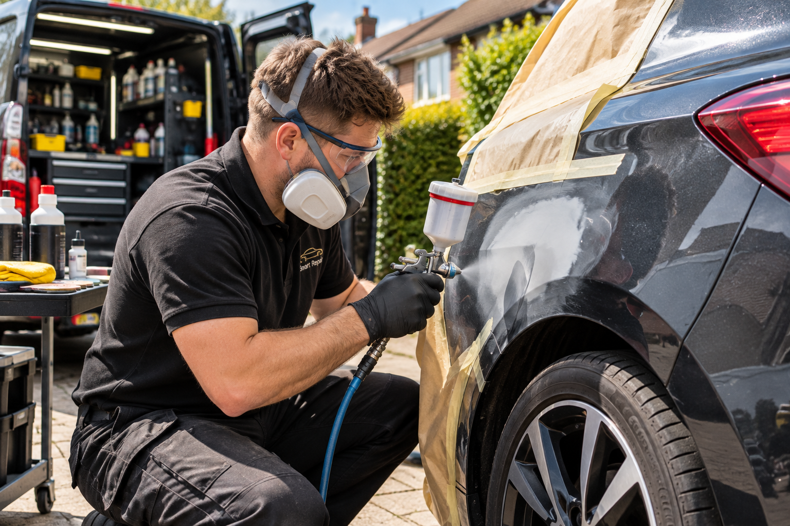 A Smart repair using a spray gun to paint a black car in a driveway with tape and paper covering parts of the vehicle.
