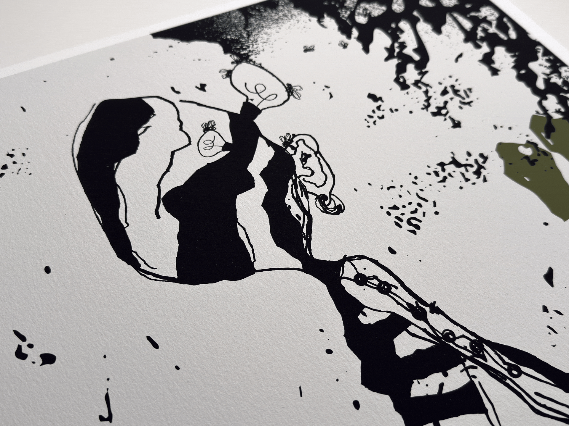 A black ink drawing of a girl with pigtails sitting on a branch, accompanied by splatters of ink and abstract shapes.