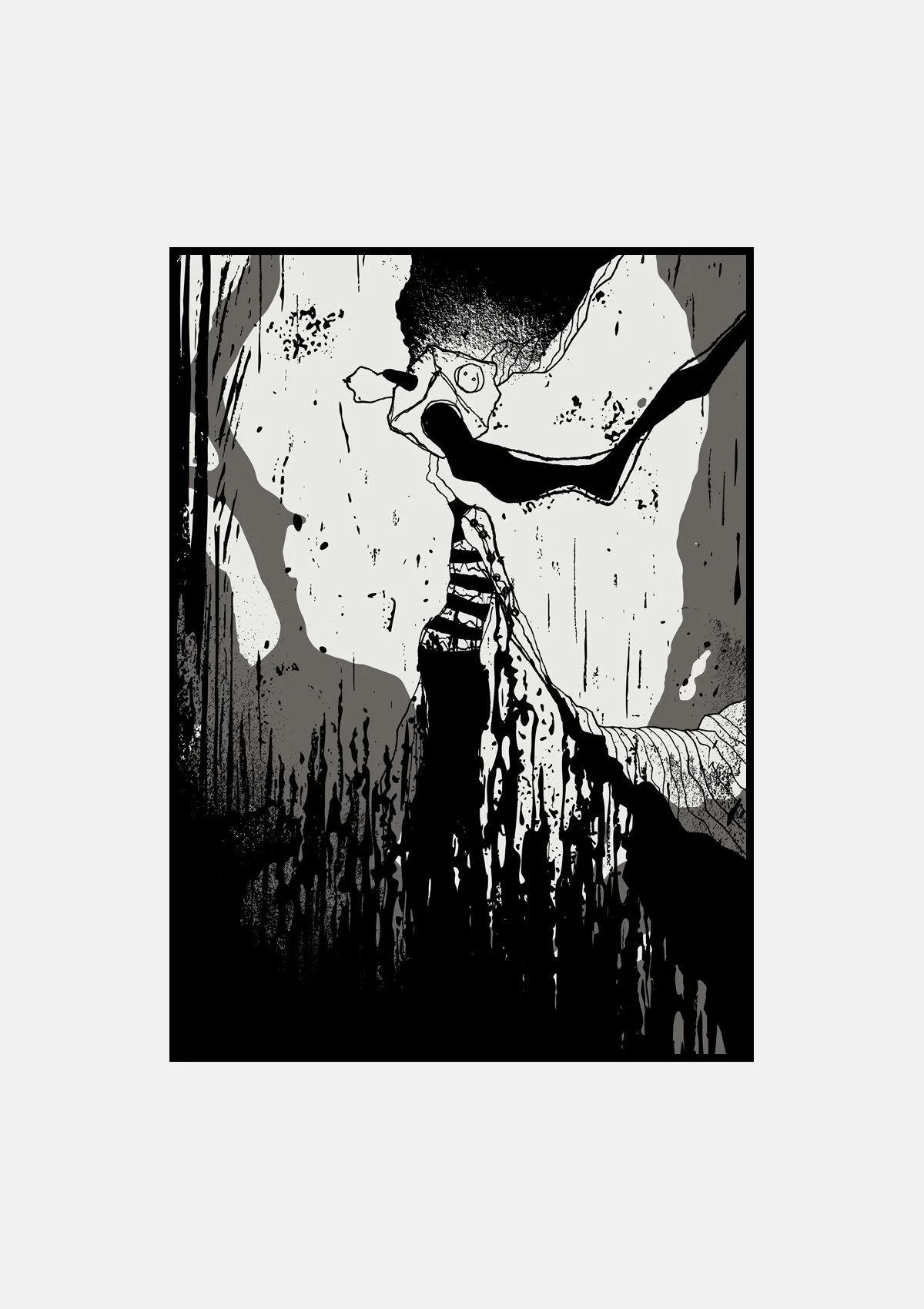 Black and white illustrated scene of a person standing on a cliff's edge, looking out at a distant landscape, with bold shadows and abstract details.