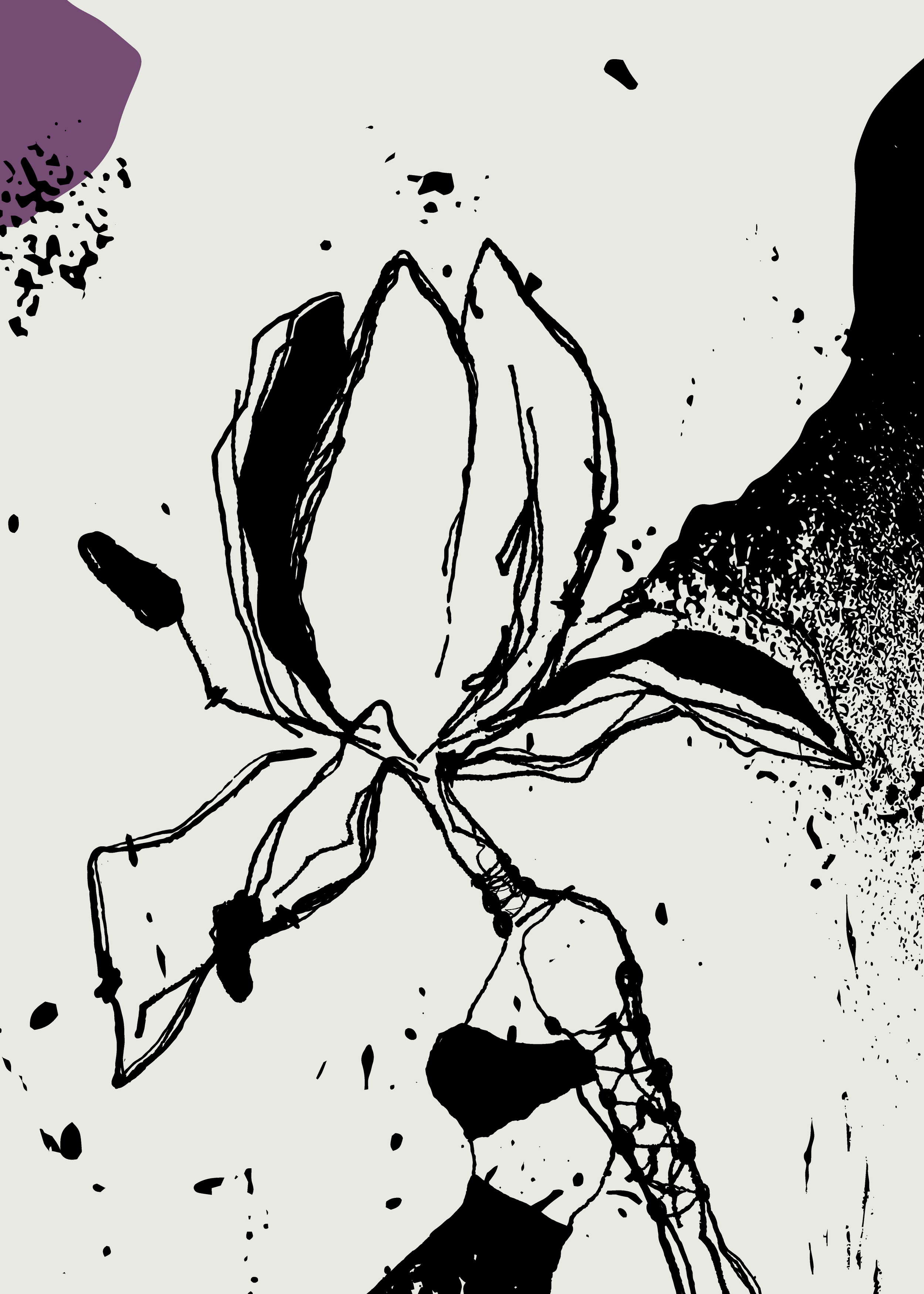 Black ink drawing of a flower with leaves, roots, and some abstract splatters and shapes around it.