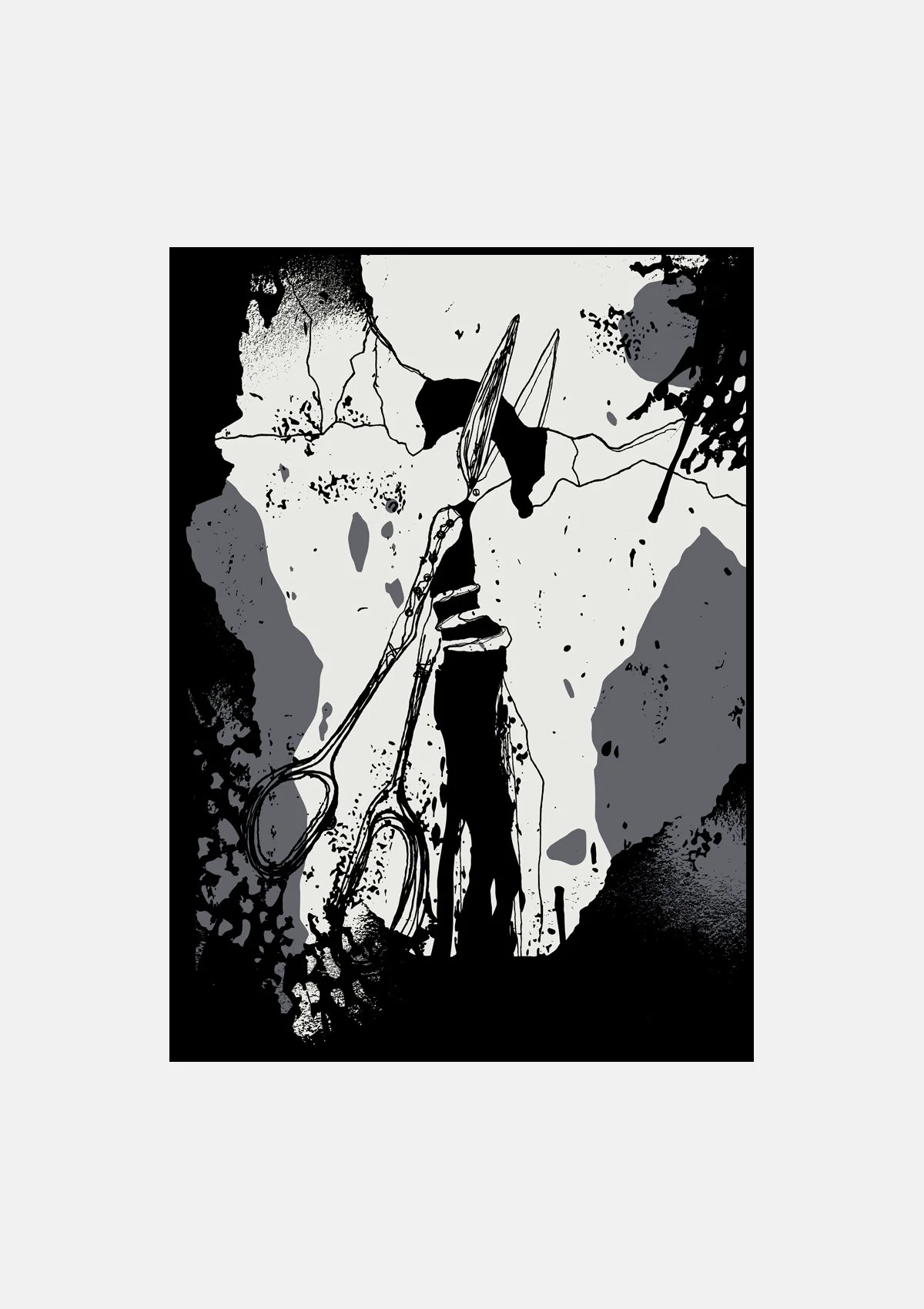 A black and white abstract illustration of a person holding a large pair of scissors and a pair of tweezers, standing among rocks and splatters of ink.