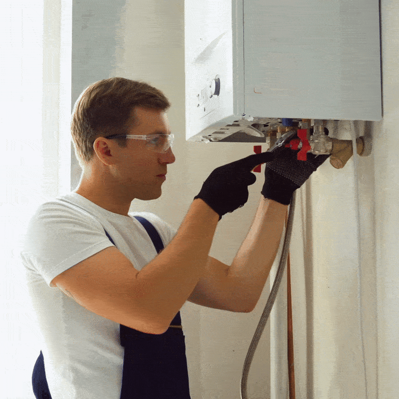 Una persona che lavora su una caldaia utilizzando guanti e occhiali di protezione