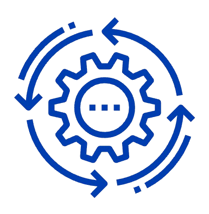 En ikon av en mekanisk tannhjul med en smilende ansikt, omgitt av piler som danner en kontinuerlig syklus, symboliserer automatisering eller kontinuerlig prosess.