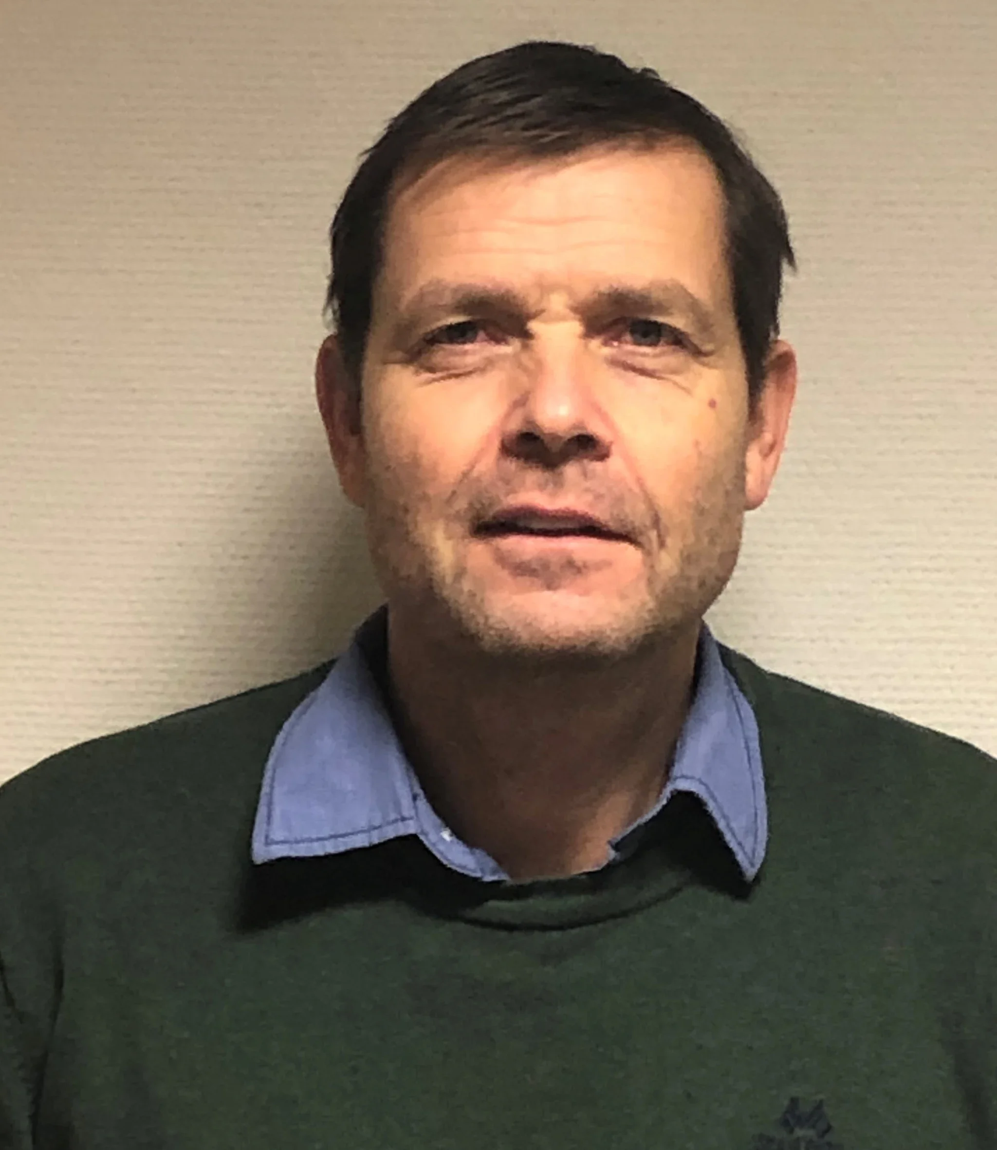 Et portrett av en mann med mørkt hår, iført blå skjorte og grønt-genser foran en nøytral vegg.