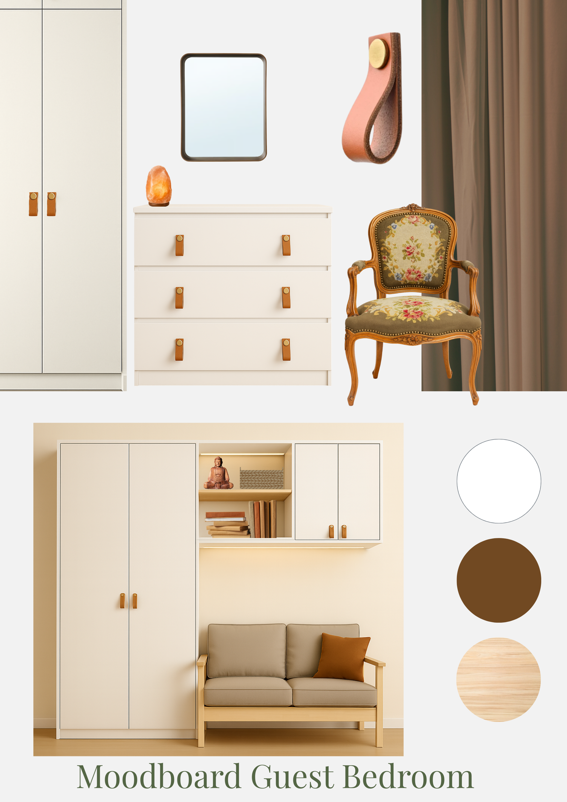 Interior design moodboard for a guest bedroom featuring a white wardrobe, a white dresser, a vintage armchair with floral upholstery, a salt lamp, wall decor including a mirror and textile art, shelves with books, a beige sofa, and warm neutral tones.