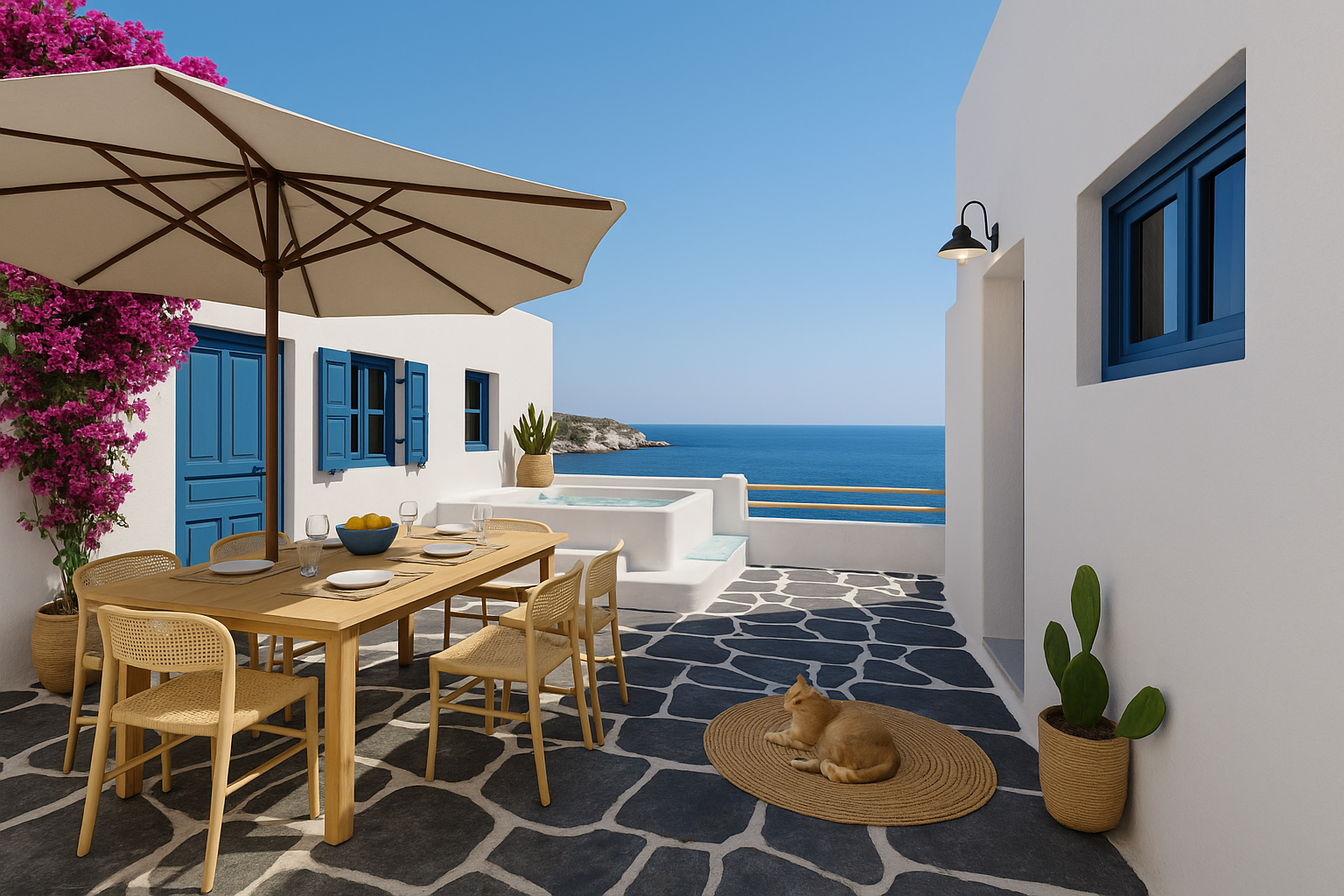 Terrasse de style méditerranéen avec table en bois, chaises en rotin, parasol, vue sur la mer, fleurs de bougainvillée, chien allongé sur un tapis en jonc, plantes en pot, murs blancs et fenêtres bleues.