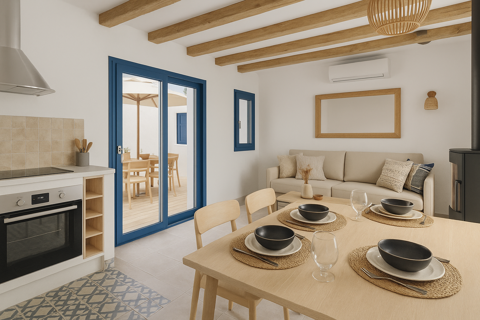 Intérieur d'une salle à manger et salon au style minimaliste avec meubles en bois clair, fauteuils beige, décor épuré, murs blancs, poutres en bois au plafond, et porte-fenêtre bleue donnant sur une terrasse extérieure.