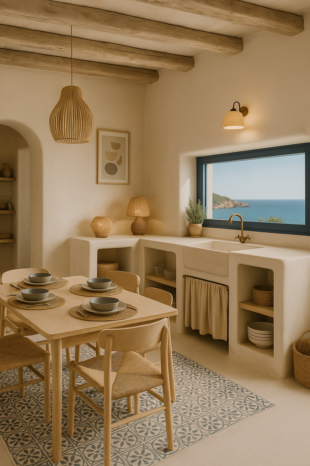 Intérieur d'une cuisine lumineuse avec vue sur l'océan, mobilier en bois clair, lampes tissées, plantes vertes et décor minimaliste.