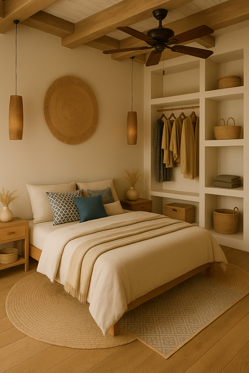 Chambre intérieure avec lit beige, coussins décoratifs, lampes suspendues en rotin, un plafonnier avec ventilateur en bois, étagères encastrées avec paniers, et un placard avec vêtements.
