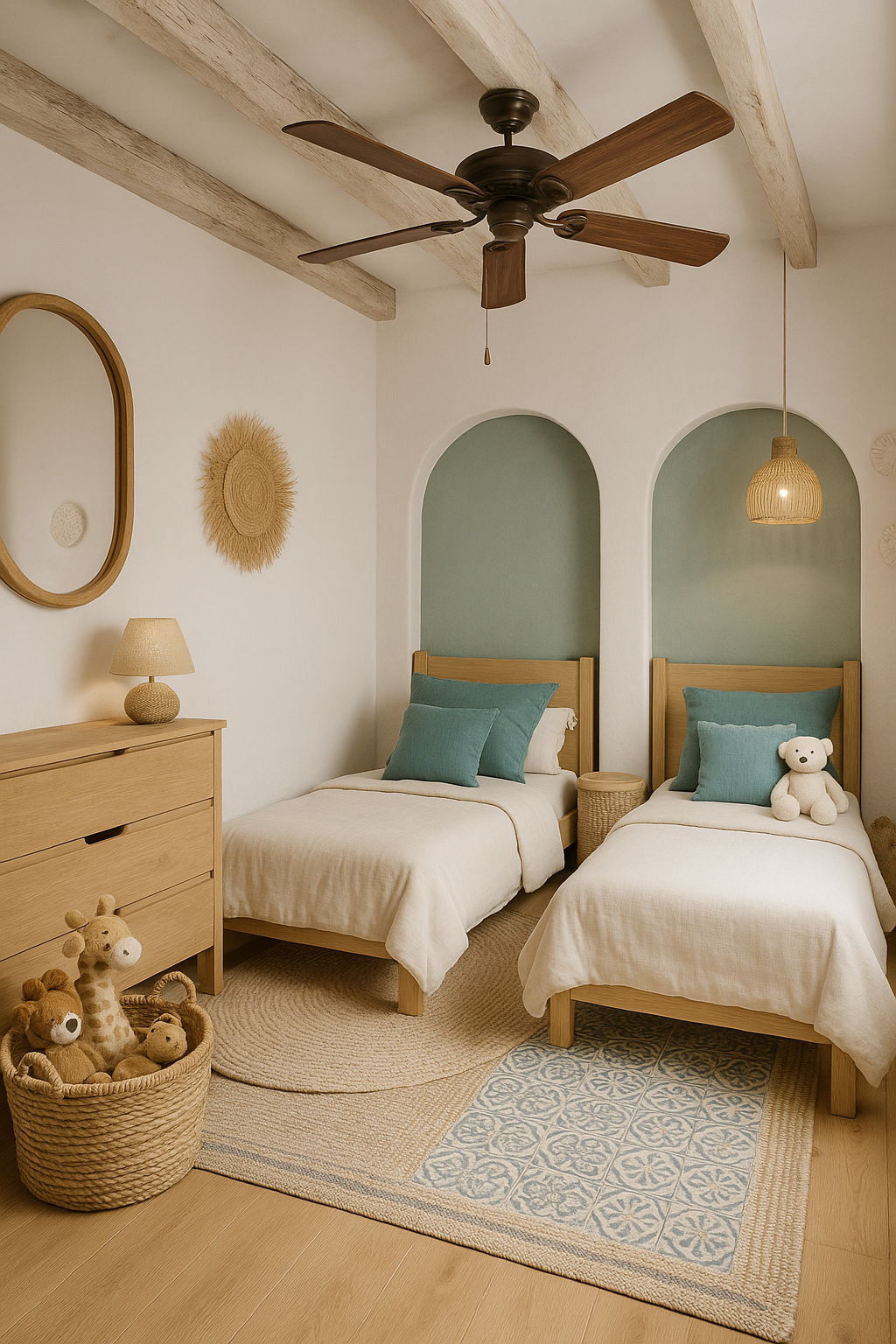 Chambre d'enfant avec deux lits en bois, gigoteuses blanches, coussins bleus, nounours blanc, panier de jouets avec des peluches, mur blanc avec décor en rotin, tapis beige et bleu, plafonnier en osier, ventilateur en bois, armoire en bois, deux arches avec mural vert derrière, luminaire suspendu en osier.