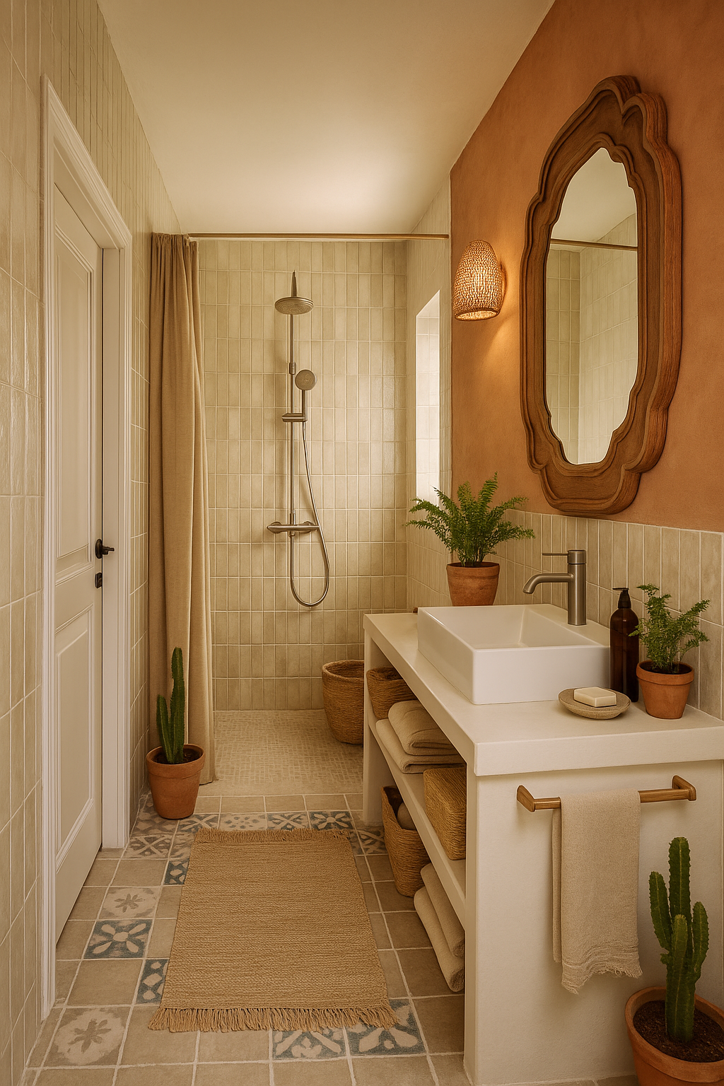 Salle de bain avec douche, miroir, plantes en pot, et serviettes. Style naturel et chaleureux.