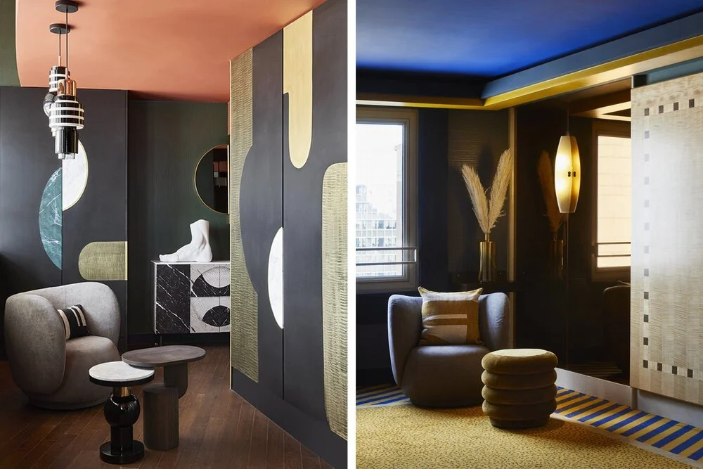 Two modern living room interiors, one with dark walls and geometric patterns, featuring a gray armchair and nested round coffee tables, the other with a blue ceiling and textured walls, containing a plush chair and a mustard-colored stool.