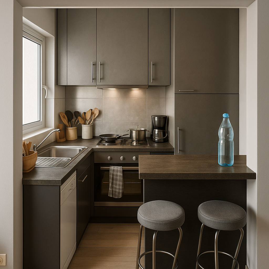 Cuisine moderne avec comptoir en bois, tabourets gris, armoires gris foncé, évier en acier inoxydable, fenêtre à gauche, ustensiles en bois près de l'évier, cafetière, poêle et casserole sur la cuisinière, bouteille d'eau en gros plan sur le comptoir.