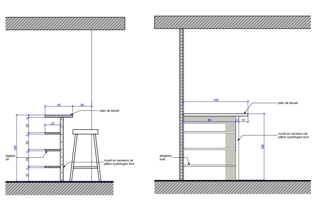 Planche technique montrant des aménagements intérieurs, comprenant des étagères en bois, un muret en carreaux de plâtre hydrofuges, un plan de travail et un siège.