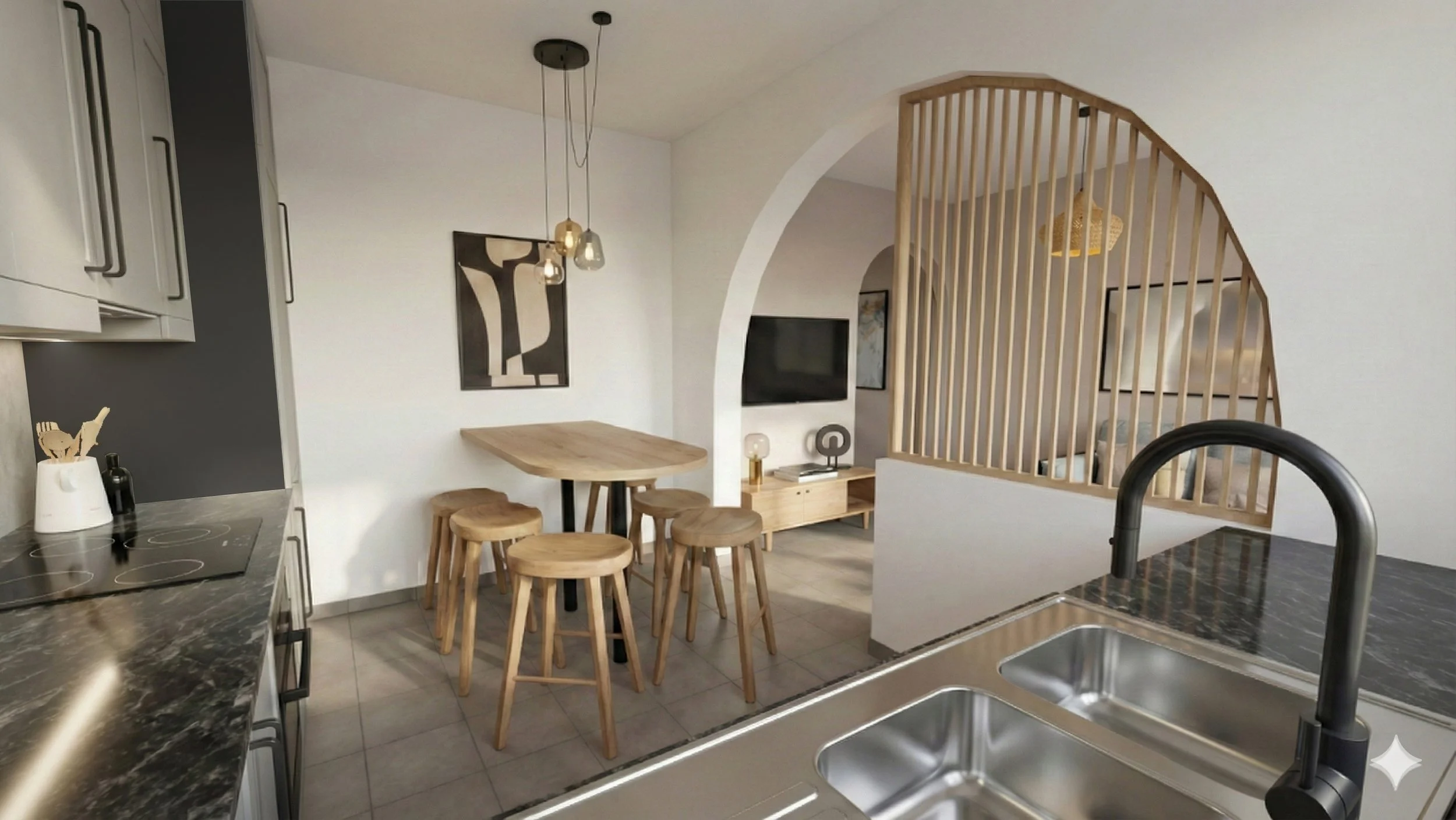 Kitchen with black granite countertops, stainless steel sink, and a wooden dining table with four stools near a white wall. There is a black and white abstract art piece on the wall, and pendant lights hanging above the table. A TV is visible in the living room area through a white arched opening, with a wooden slat partition partially separating the kitchen and living space.