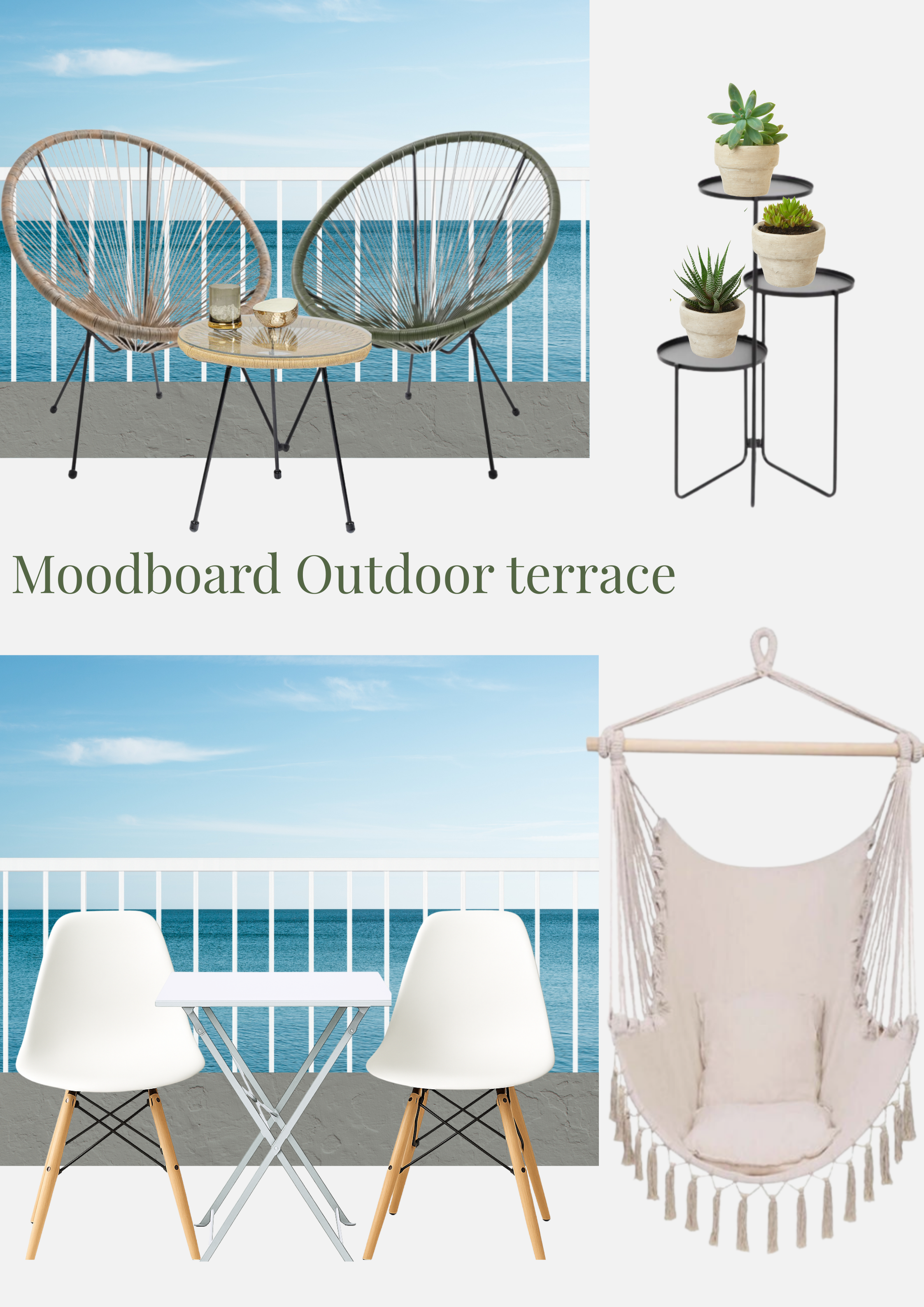 A collage of outdoor terrace furniture including two wicker chairs with a small round table and plants, two white chairs with a small table, and a hanging hammock chair, all set against a seaside balcony with a view of the ocean.