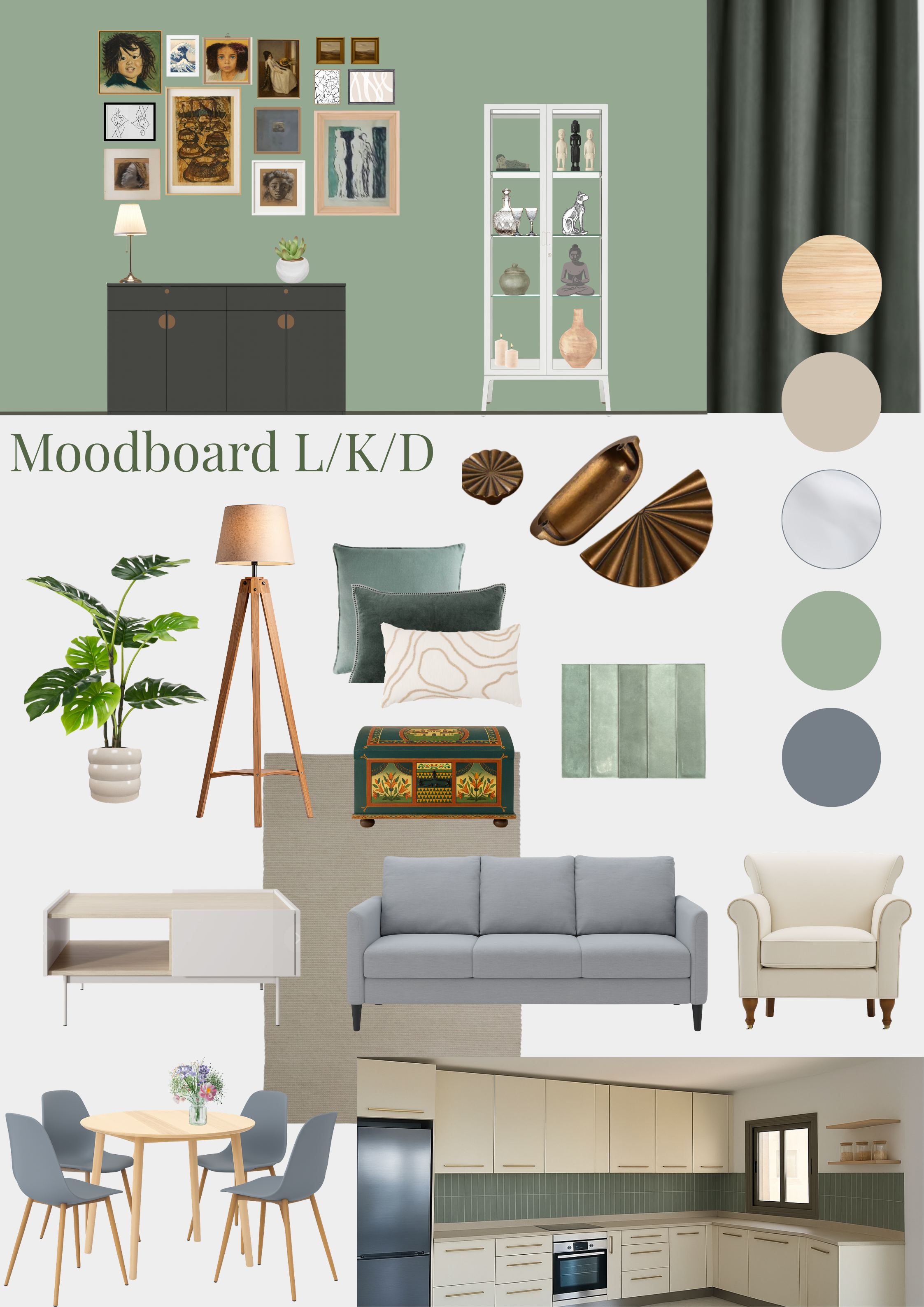 A moodboard featuring interior design ideas with a green and neutral color palette. It includes a gallery wall with various framed artwork, a cabinet with a lamp and plant, a white display cabinet with decorative items, a sofa, armchair, patterned ottoman, pillows, a floor lamp, a plant in a striped planter, a dining table with chairs, and a kitchen with beige cabinets and green backsplash tiles.