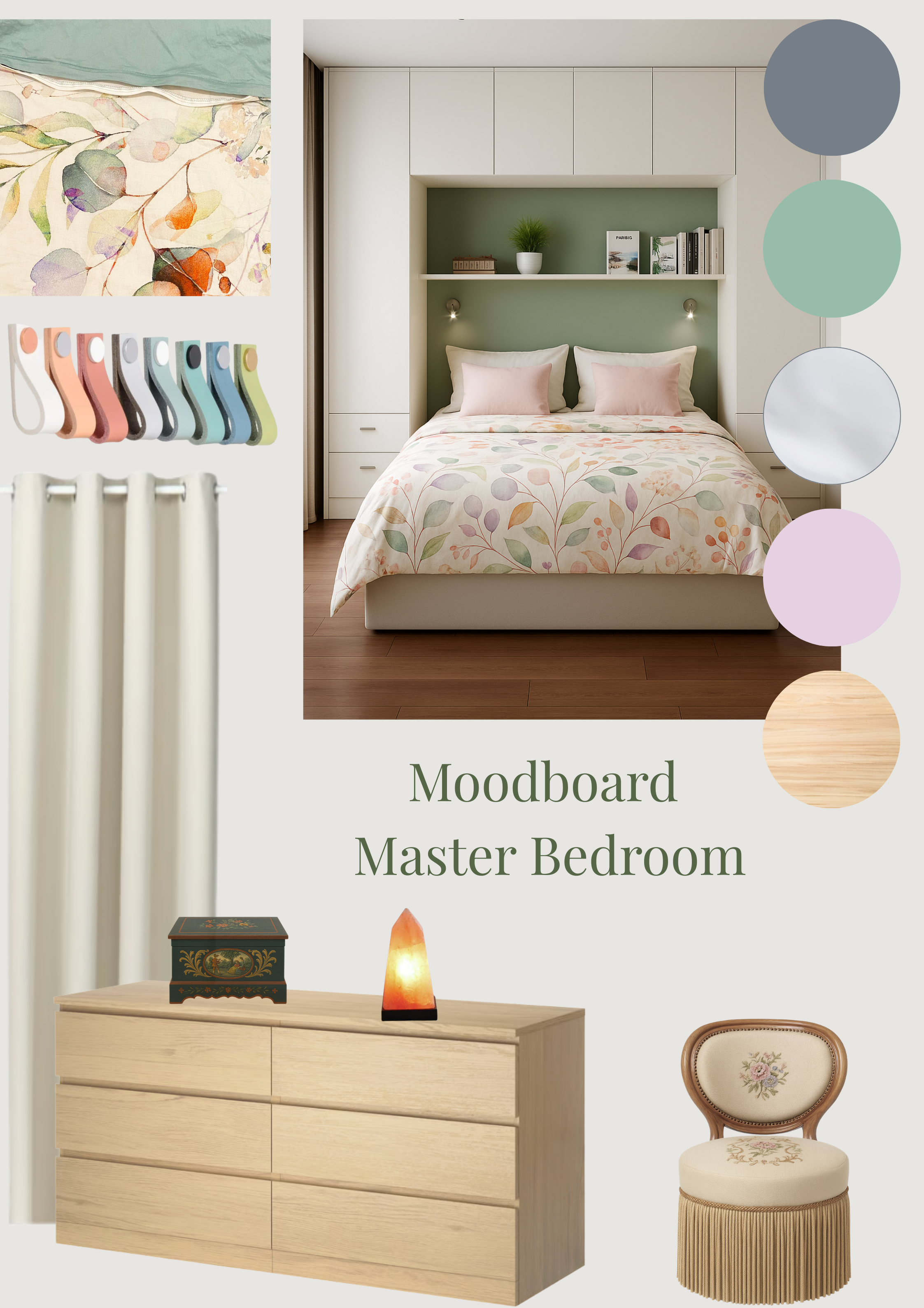 Interior moodboard of a master bedroom featuring a bed with pastel floral bedding, a built-in white cabinet with green backdrop, potted plant, books, and decorative items, fabric and paint samples including soft neutrals, greens, and pastels, a wooden dresser with a salt lamp, a vintage-style upholstered chair, and a curtain rod with white curtains.