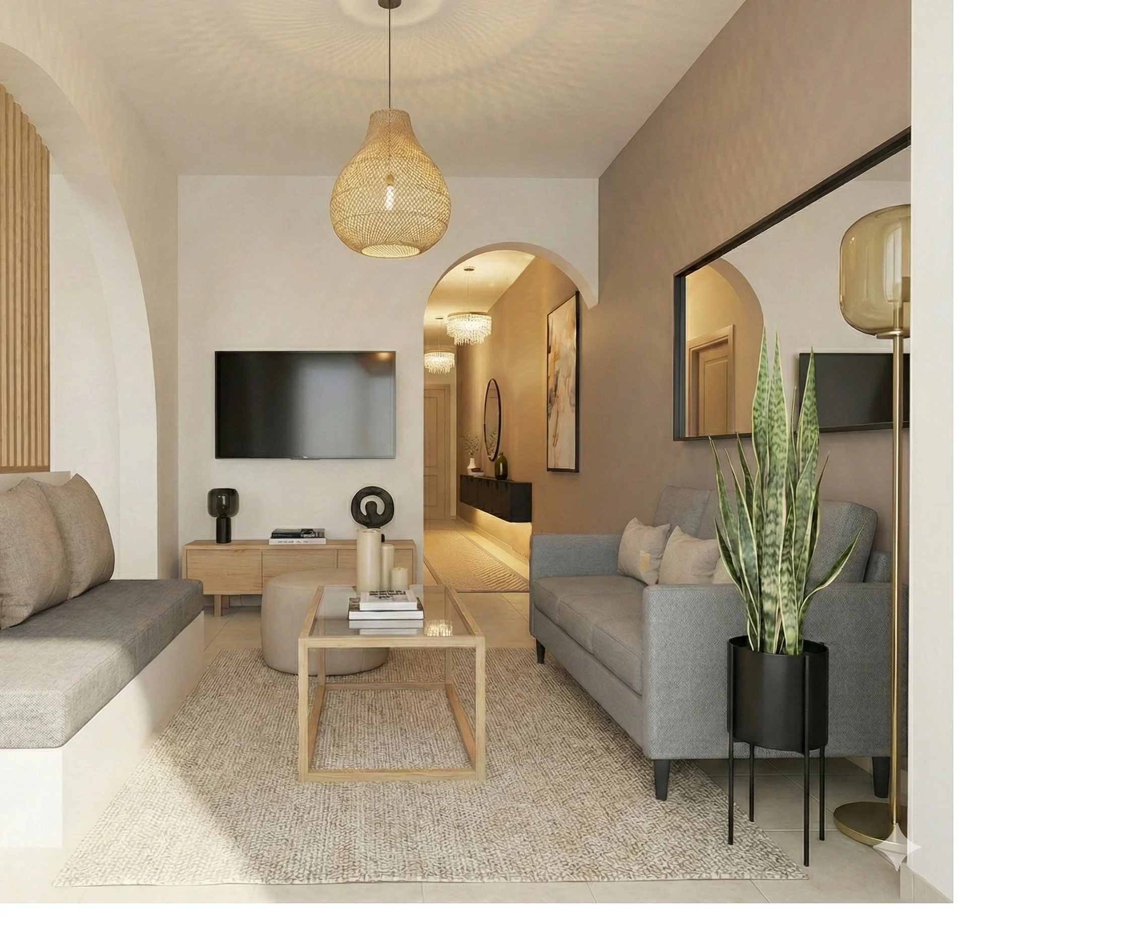 Modern living room with gray sofas, a wooden coffee table, a large potted snake plant, wall-mounted television, and decorative items, with an arched doorway leading to a hallway.