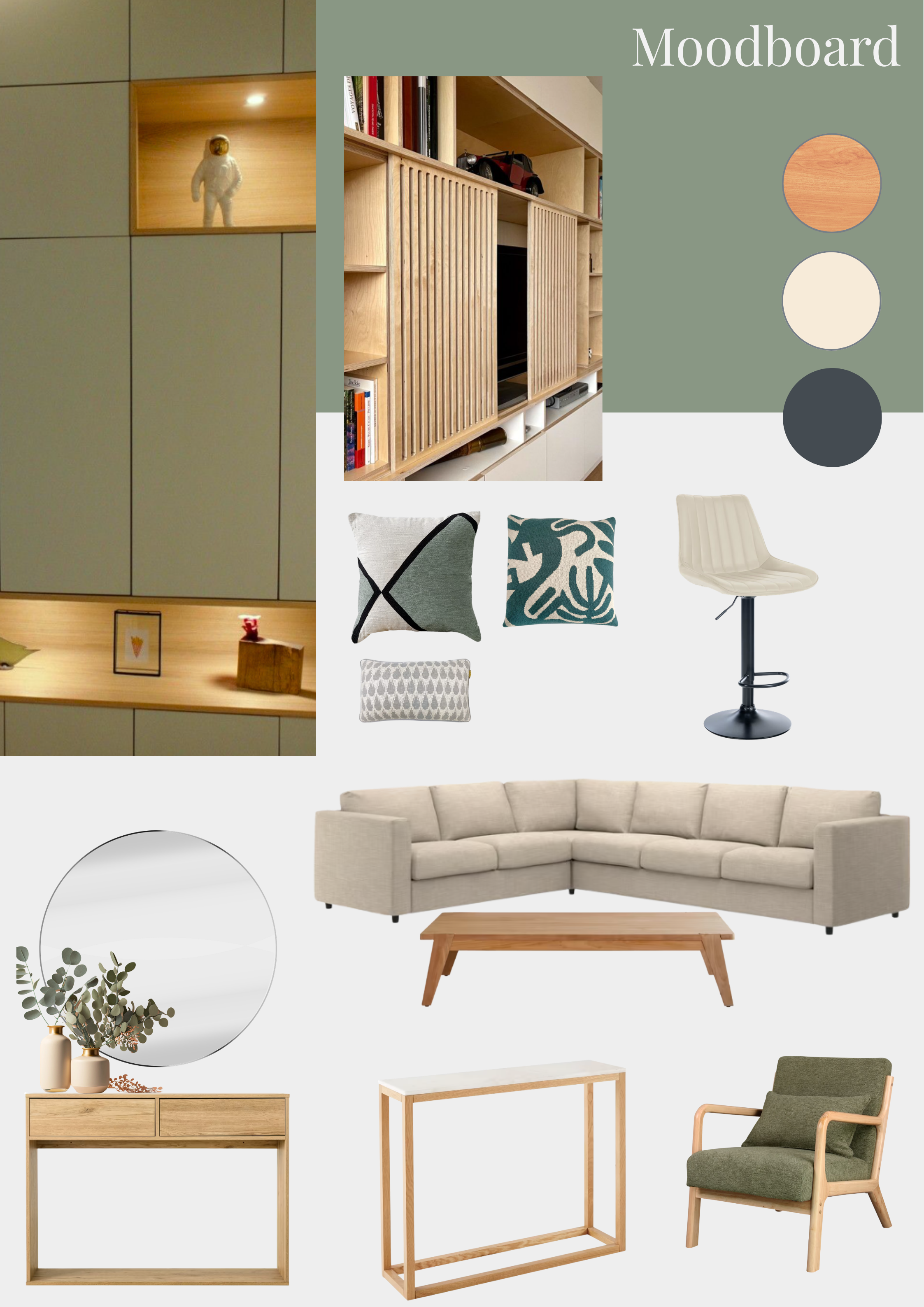 A color moodboard featuring neutral greens, beige, and dark gray, with photos of a green wall, wooden shelving, and a living room with a beige sectional sofa, wooden coffee table, green armchair, and decorative pillows and vases.